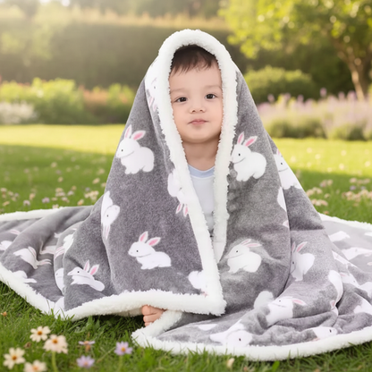 bébé recouvert de la couverture en polaire bebe en motif lapin