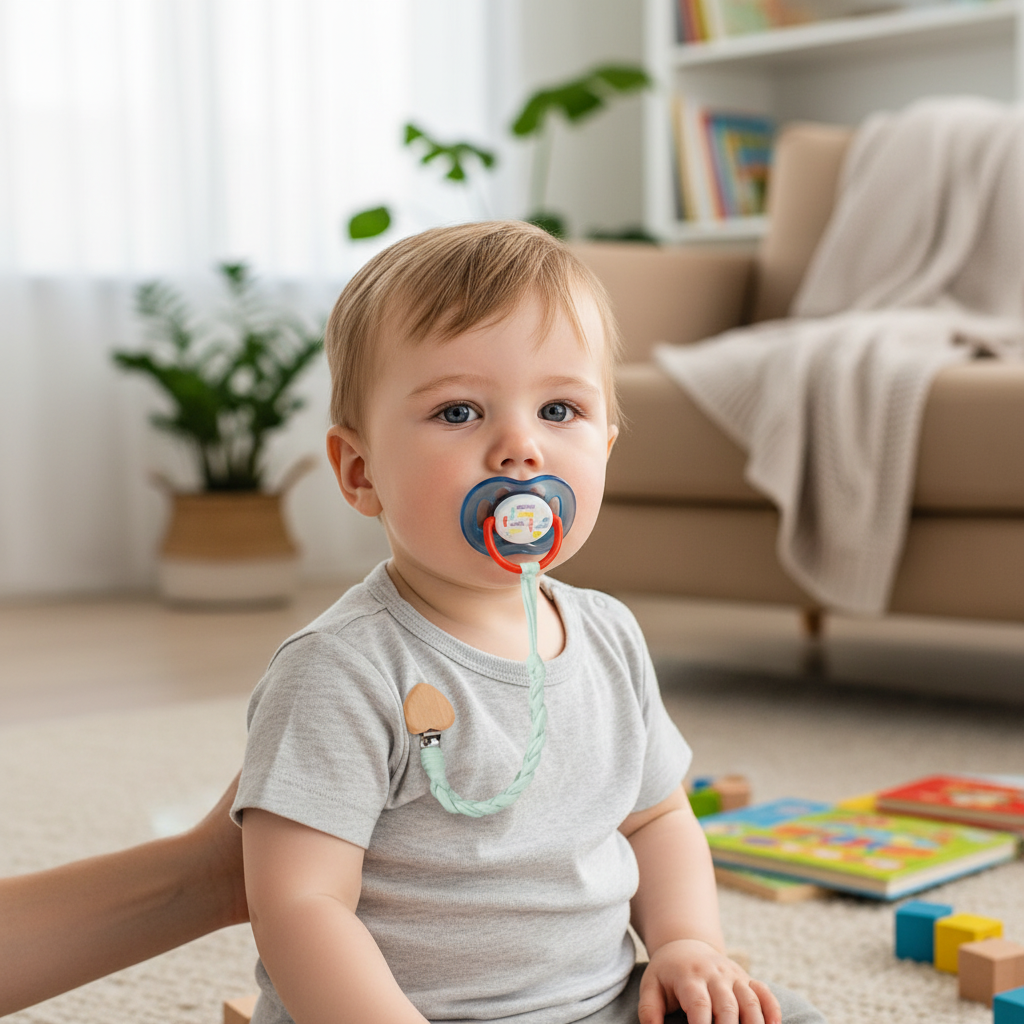 bébé avec son attache tetine assis dans le salon
