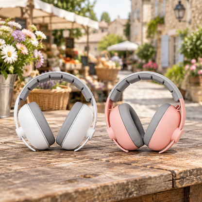 casque anti bruit bebe blanc et l'autre rose pêche