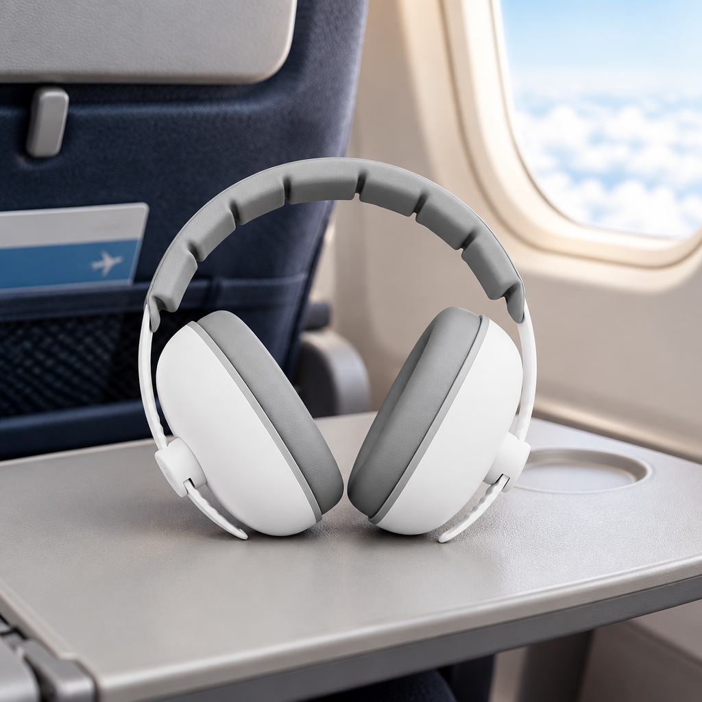 Casque anti bruit bebe blanc sur tablette d'avion