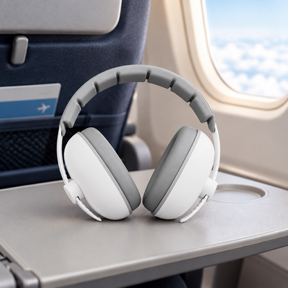 Casque anti bruit bebe blanc sur tablette d'avion