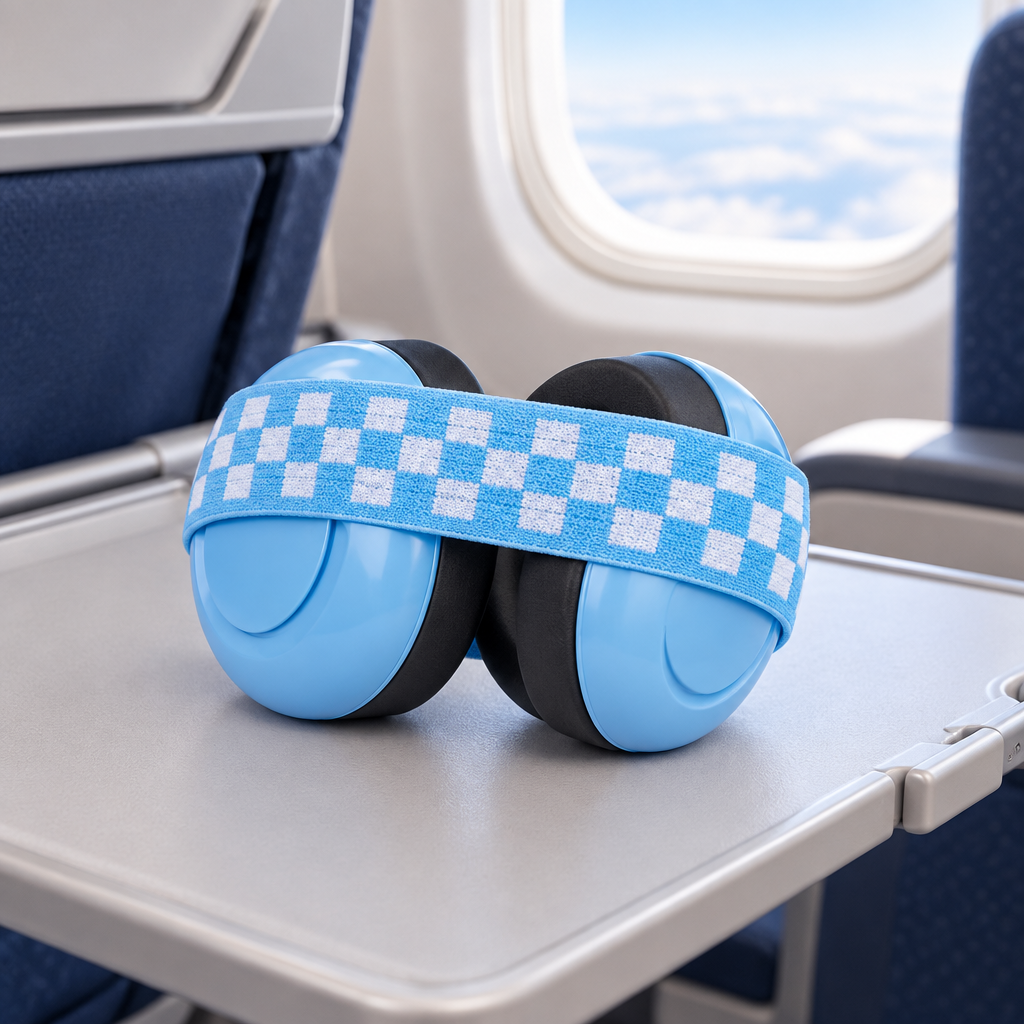 casque anti bruit bébé bleu déposé sur une tablette dans l'avion
