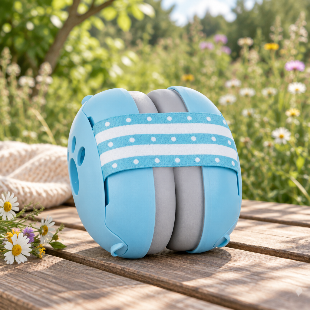 casque anti bruit bebe bleu déposé sur une table de pique-nique