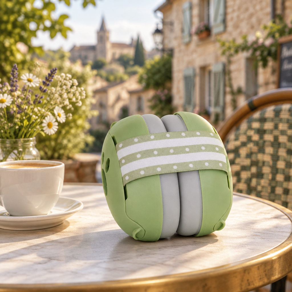 casque anti bruit bebe vert déposé sur une table bistro