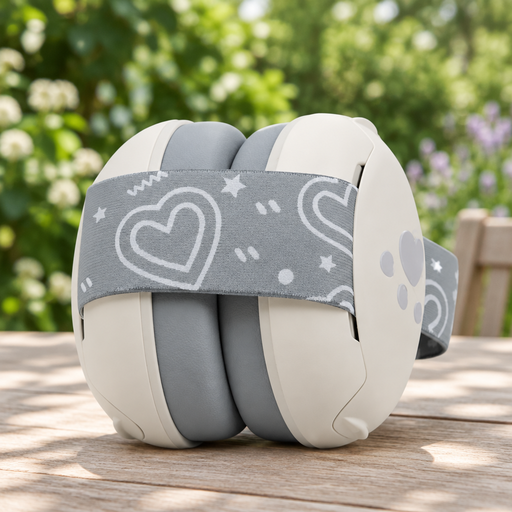 casque anti bruit pour bebe blanc sur une table à pique nique