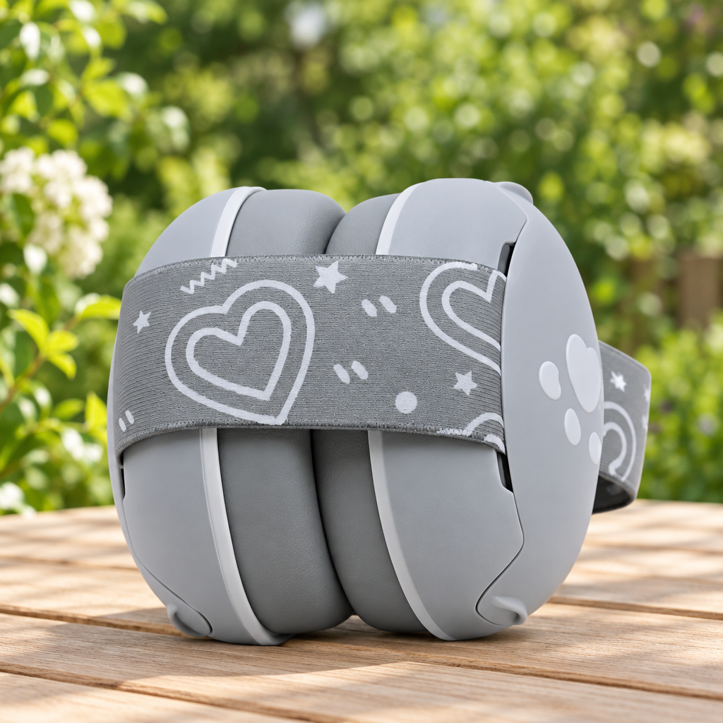casque anti bruit pour bebe gris sur une table de pique nique