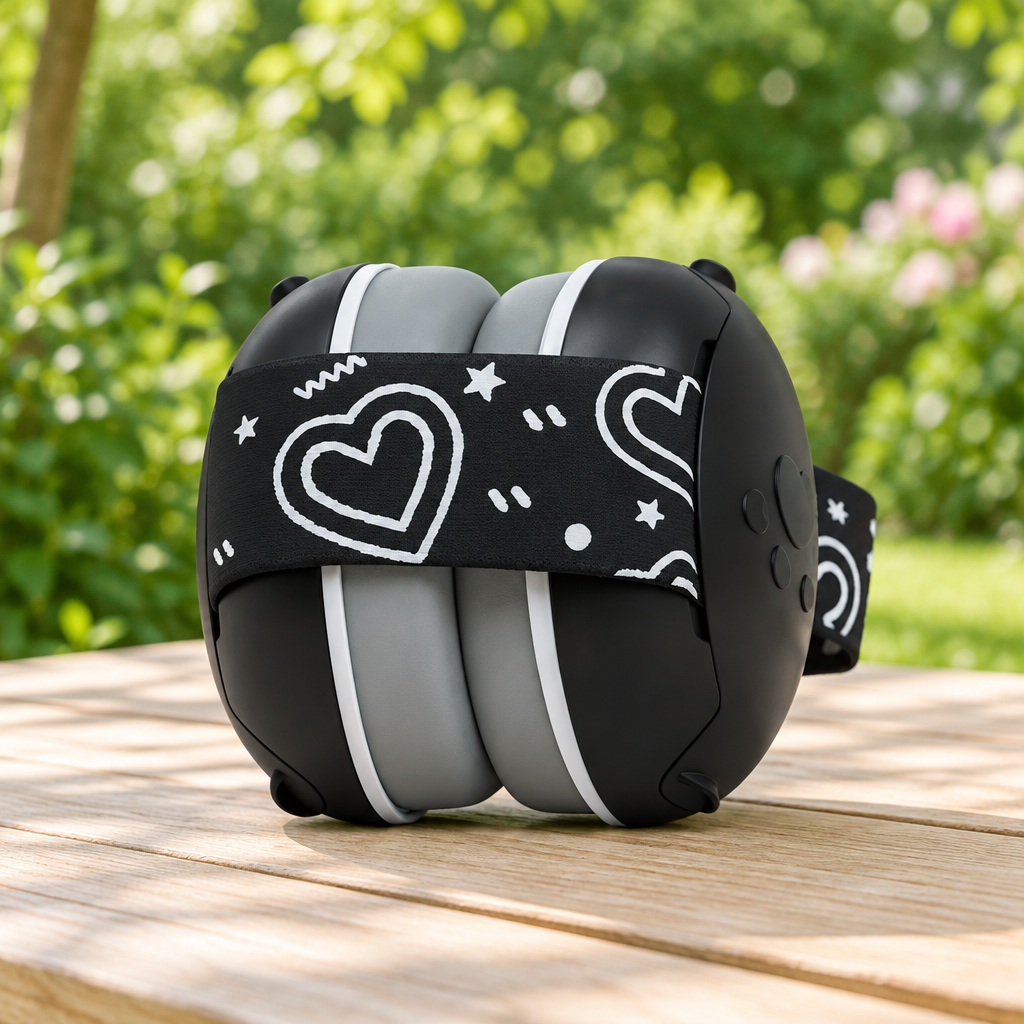 casque anti bruit pour bebe noir sur une table de pique nique