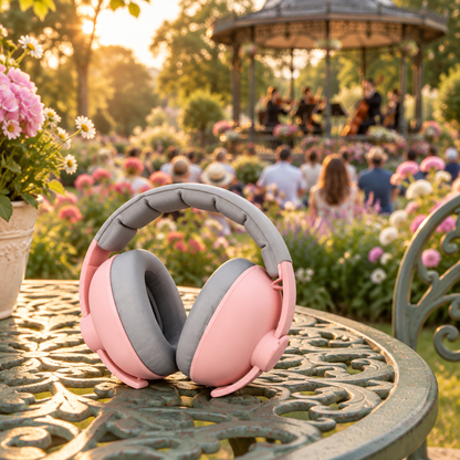 casque anti bruit rose pêche déposé table de jardin
