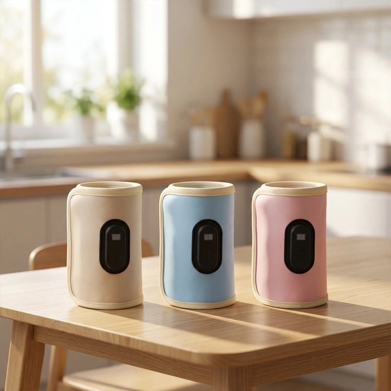 Chauffe biberon nomade beige, bleu et rose sur une table