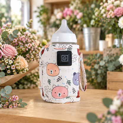 chauffe biberon ourson rose déposé sur une comptoir de fleuriste