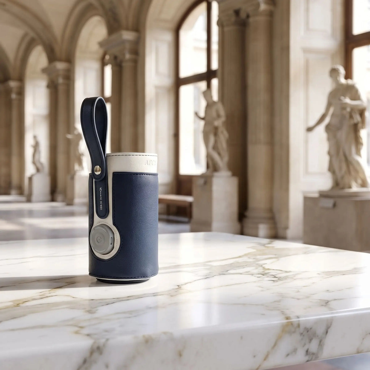 Chauffe biberon portable bleu foncé déposé sur du marbre au musée