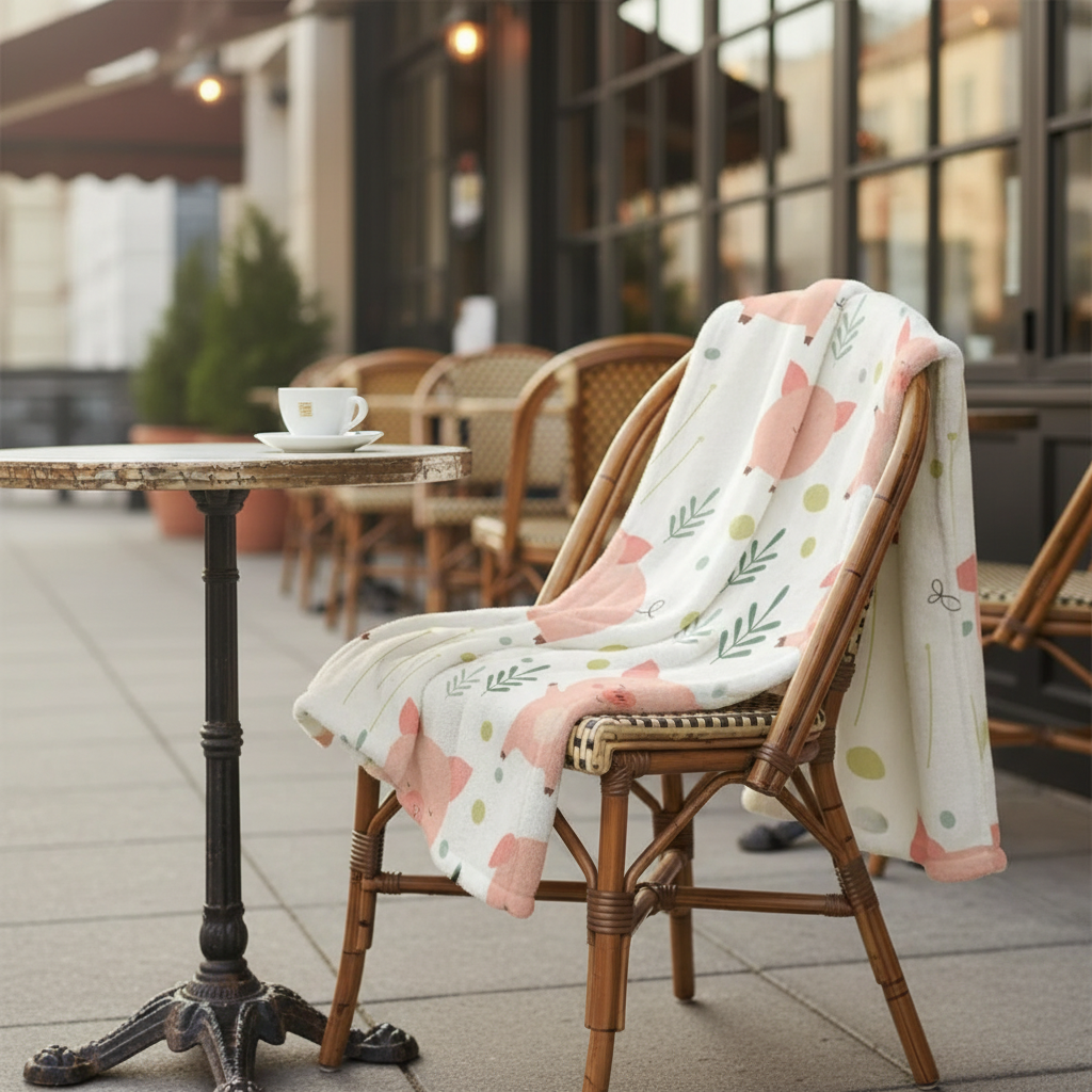 couverture bebe cochon déposé négligemment sur une chaise de bistro extérieur
