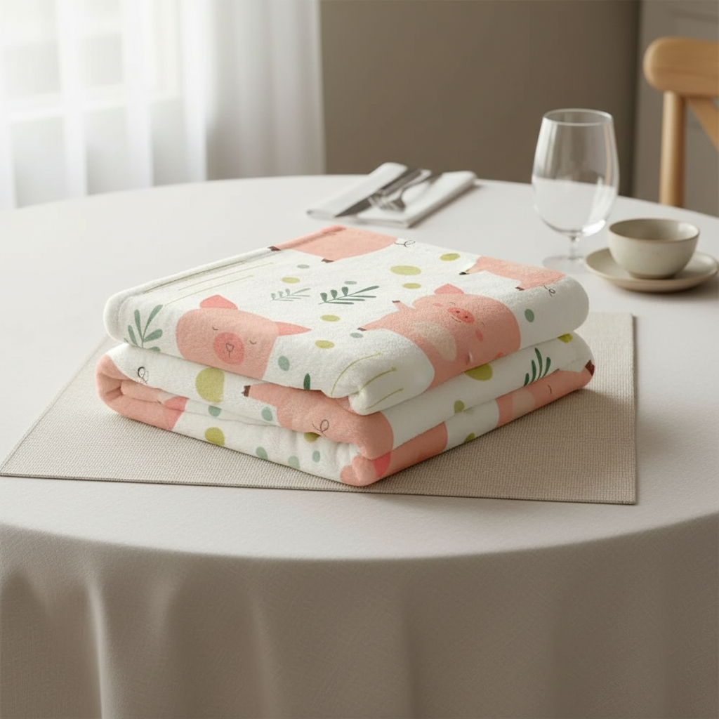 couverture bebe cochon soigneusement déposé sur une table de restaurant