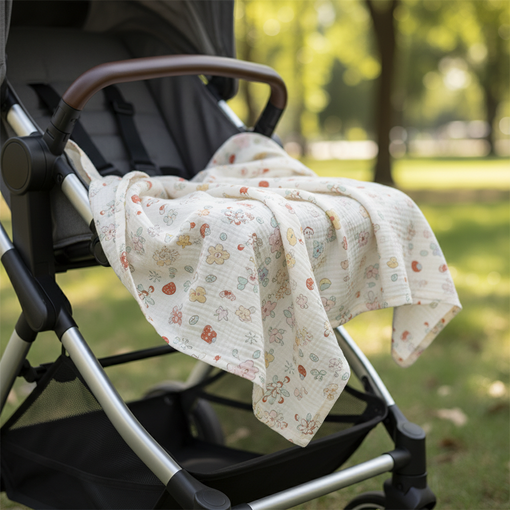 couverture bébé fraise sur une poussette