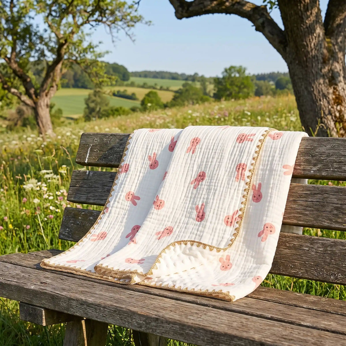 couverture bébé lapin sur un banc à la campagne