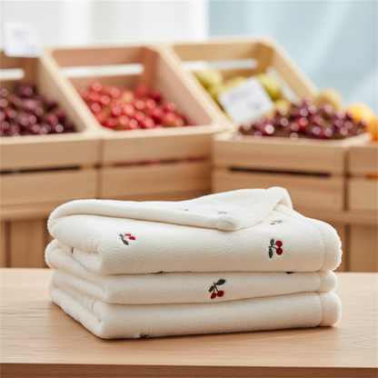 couverture bebe motif cerise soigneusement pliée sur une table