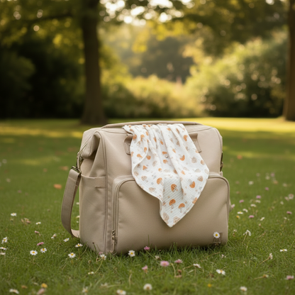 couverture bébé motif champignon sortant d'un sac à langer beige