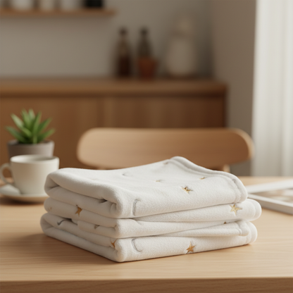 couverture bebe motif lune et étoile soigneusement pliée sur une table