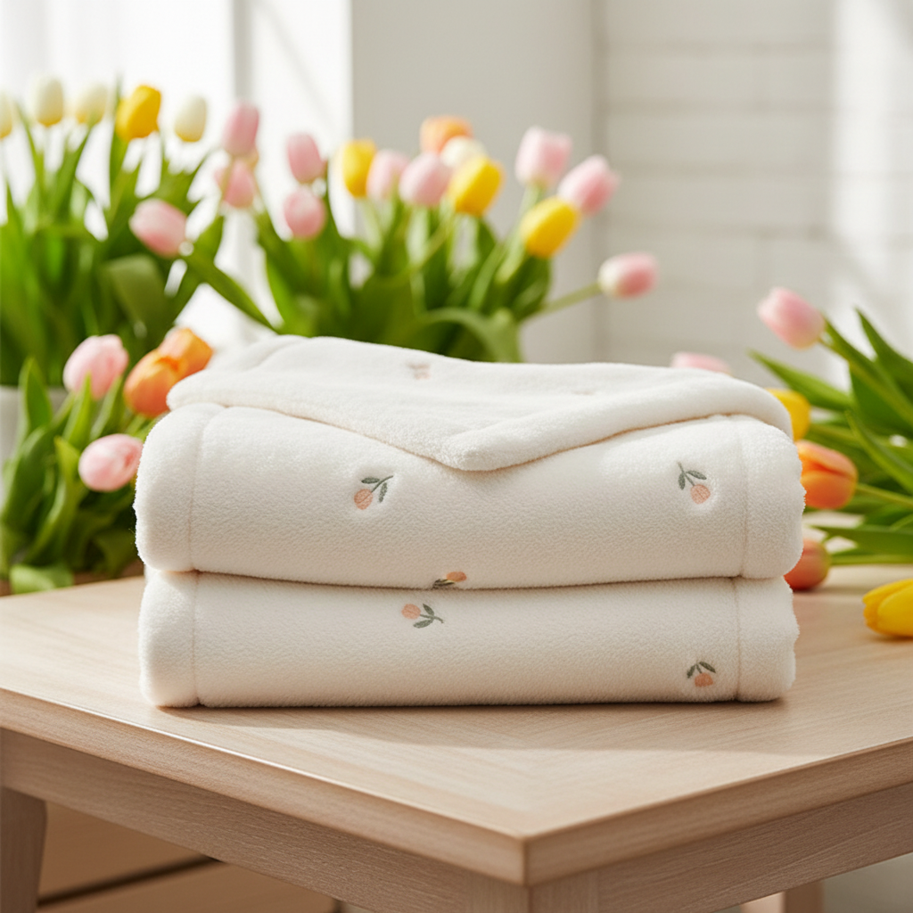 couverture bebe motif tulipe soigneusement pliée sur une table