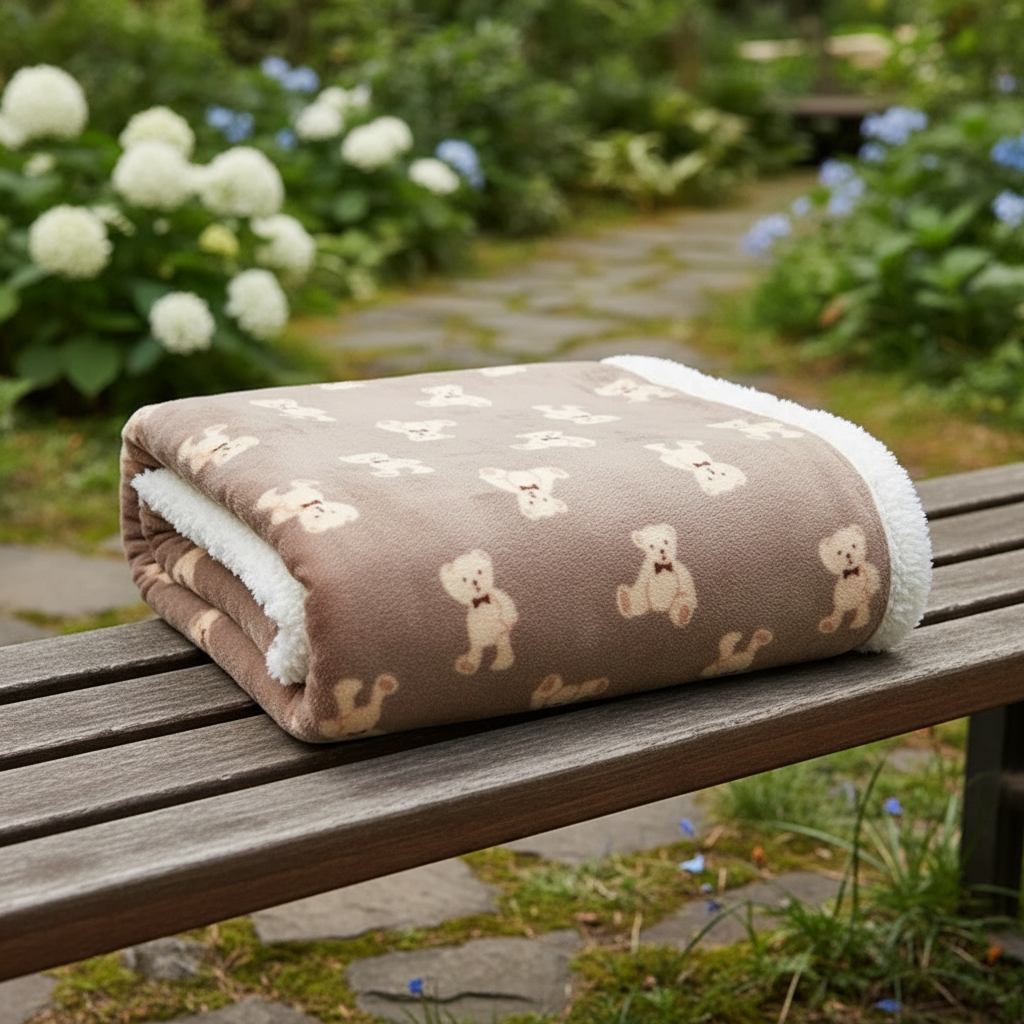 couverture bébé ourson café soigneusement déposée sur le banc de parc