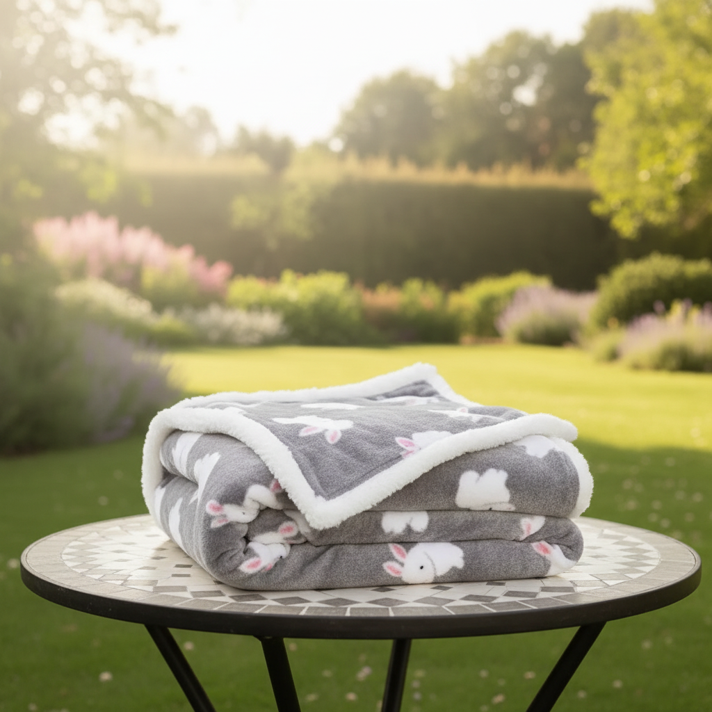 couverture en polaire bebe déposée sur une table au jardin