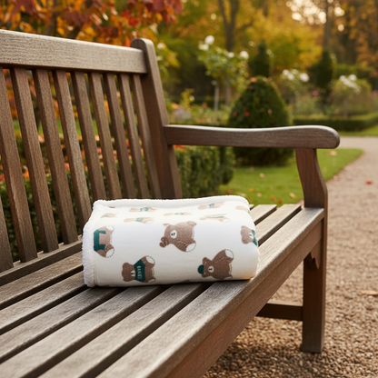couverture en polaire bebe motif ourson déposée sur banc de parc 