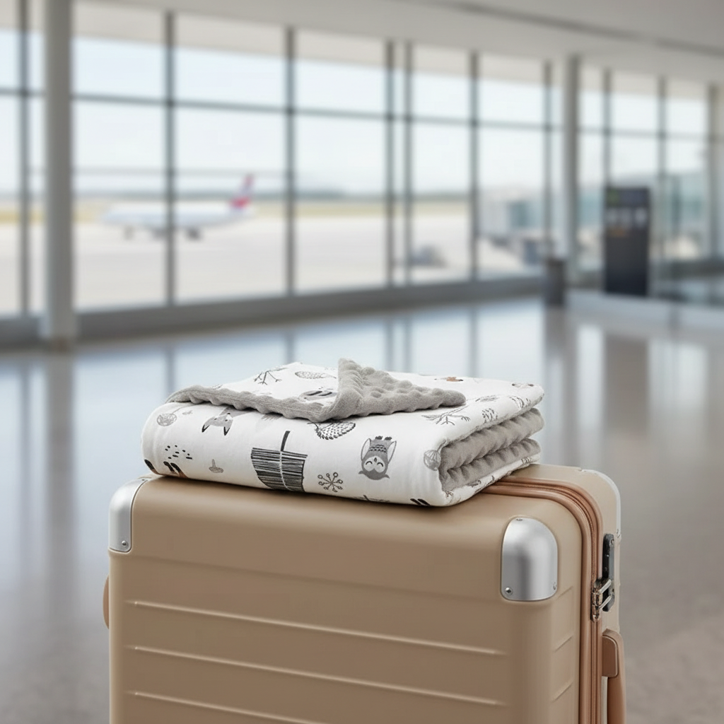 couverture en polaire bebe motif renard hibou déposé sur une valise à l'aéroport