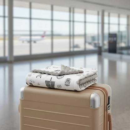 couverture en polaire bebe motif renard hibou déposé sur une valise à l'aéroport