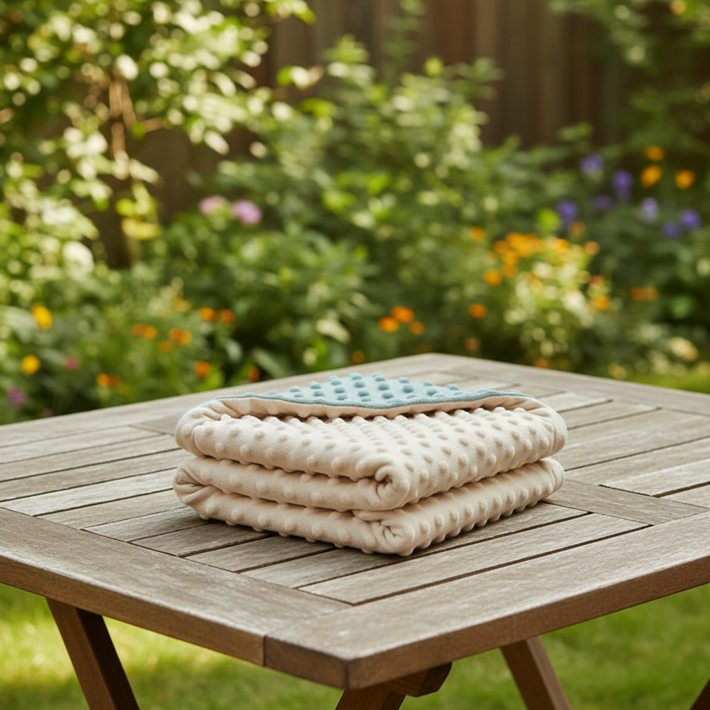 couverture bebe bleu et beige, présenté côté beige