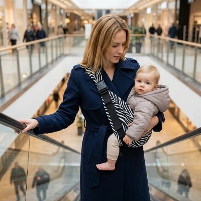 Dans l'escalier roulant, maman et bébé dans son porte bebe hanche