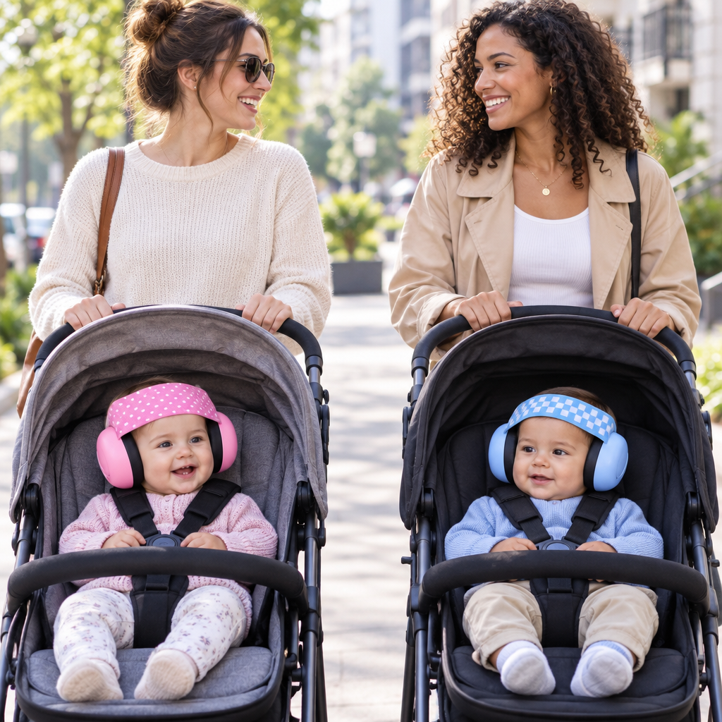 deux amies promènent leurs bébés en ville portant leurs casques anti bruit bébé