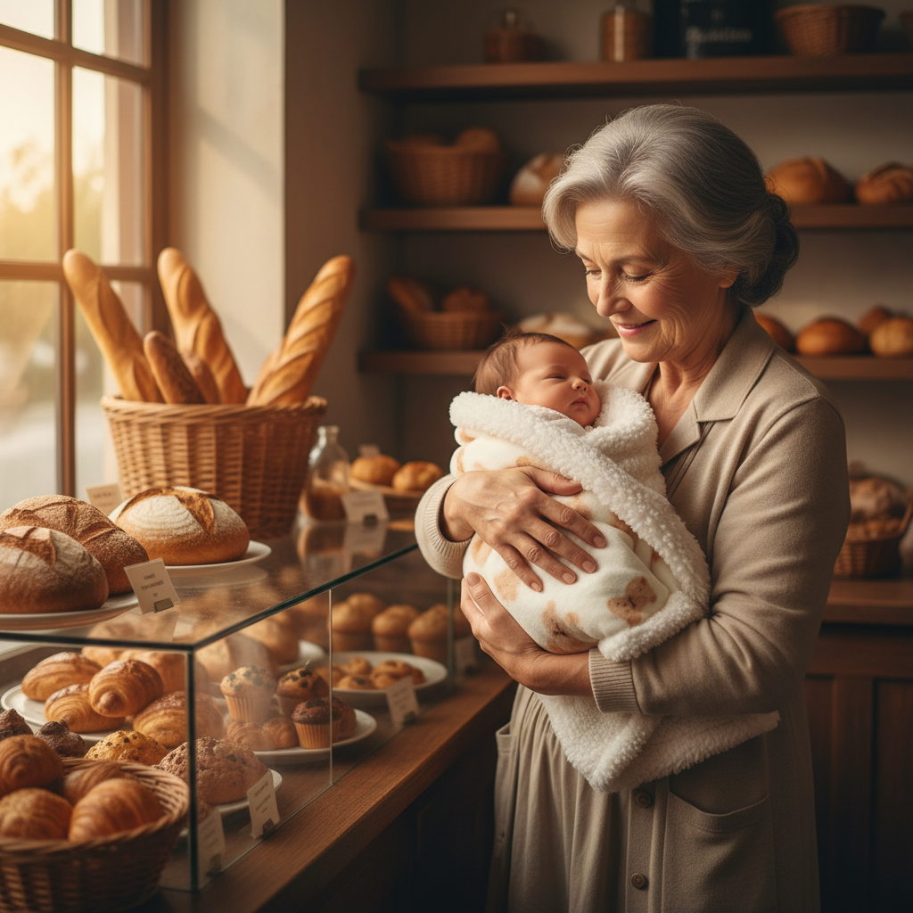 grand-maman et bébé dans la couverture bébé ourson ivoire à la boulangerie