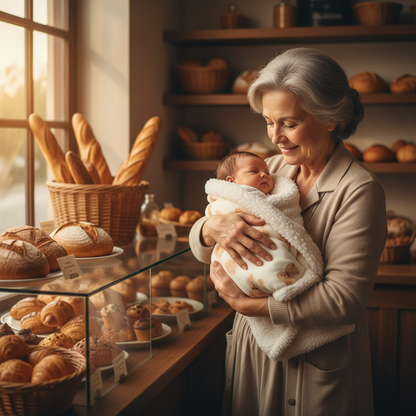 grand-maman et bébé dans la couverture bébé ourson ivoire à la boulangerie