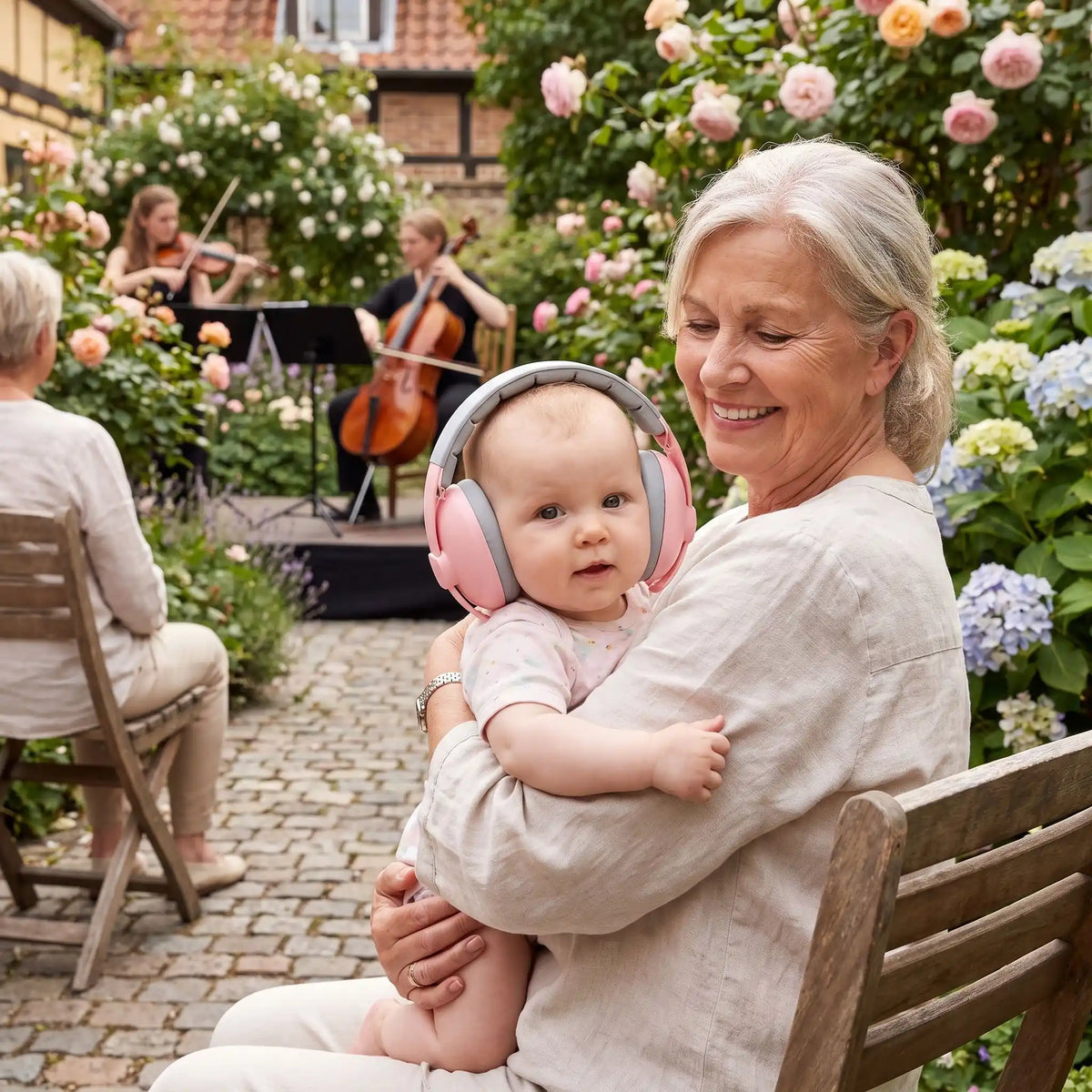 grand-maman et bébé qui porte casque anti bruit rose peche écoute la musique au jardin
