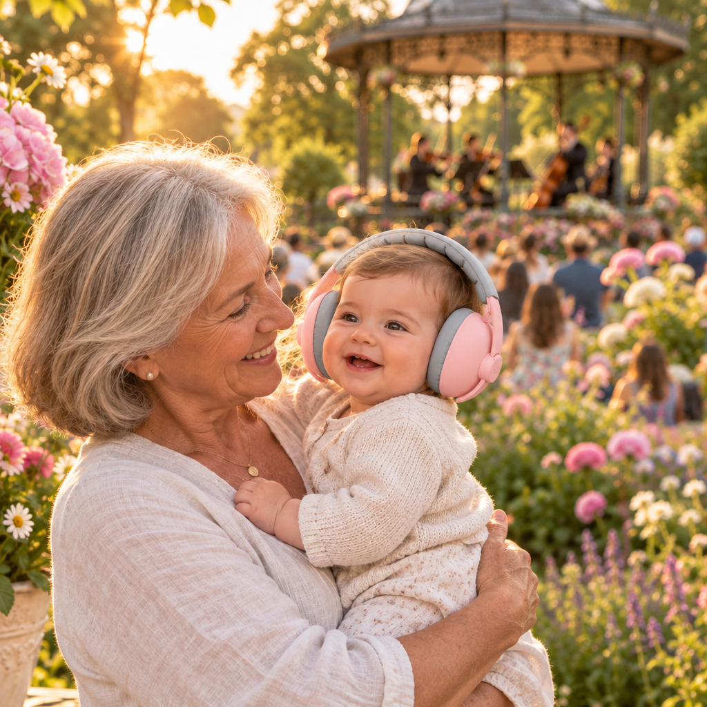grand-maman et bébé qui porte le casque anti bruit bebe rose pêche au concert de musique extérieur