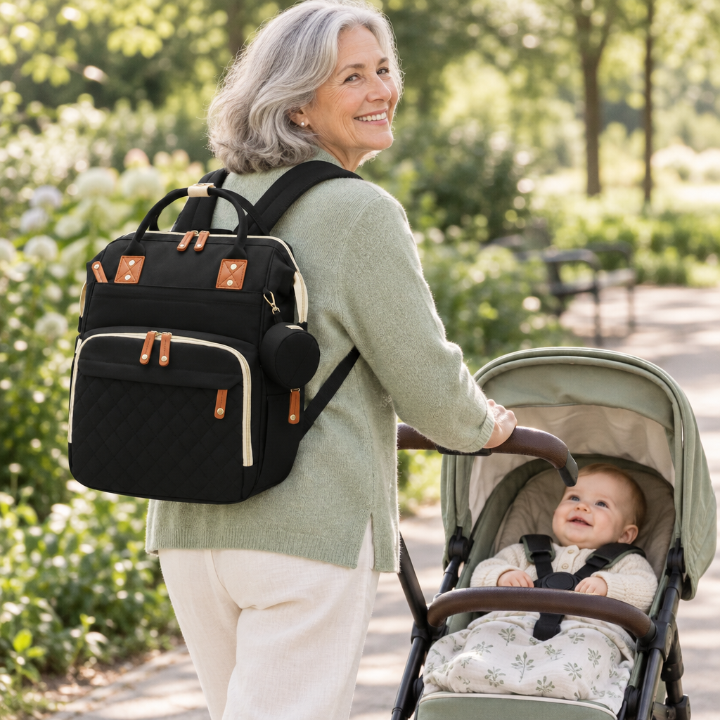 grand-maman se balade avec bébé en poussette avec le sac à dos à langer noir sur le dos