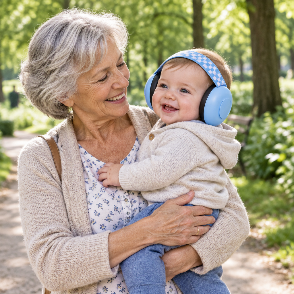 grand-maman tient bébé qui porte son casque anti bruit bébé au parc