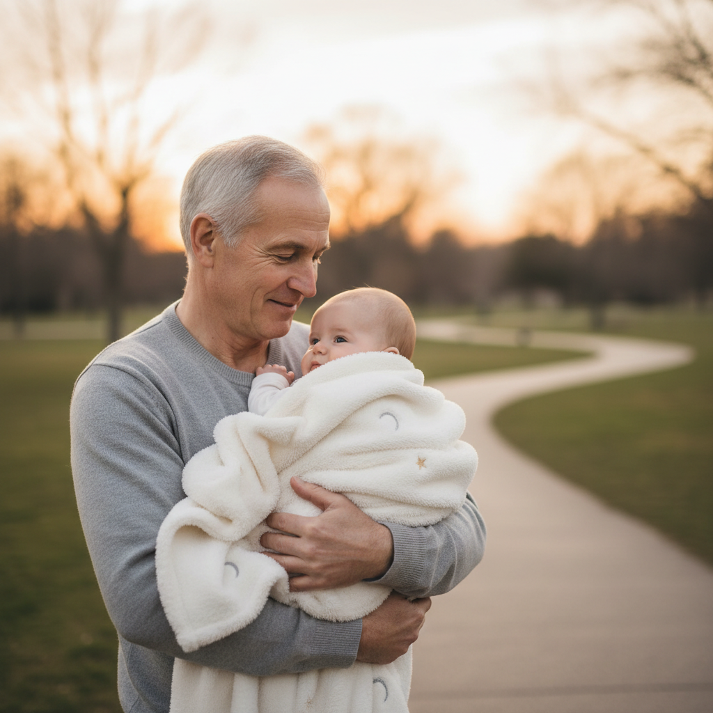 grand-papa avec bébé dans la couverture bebe etoile et lune au parc