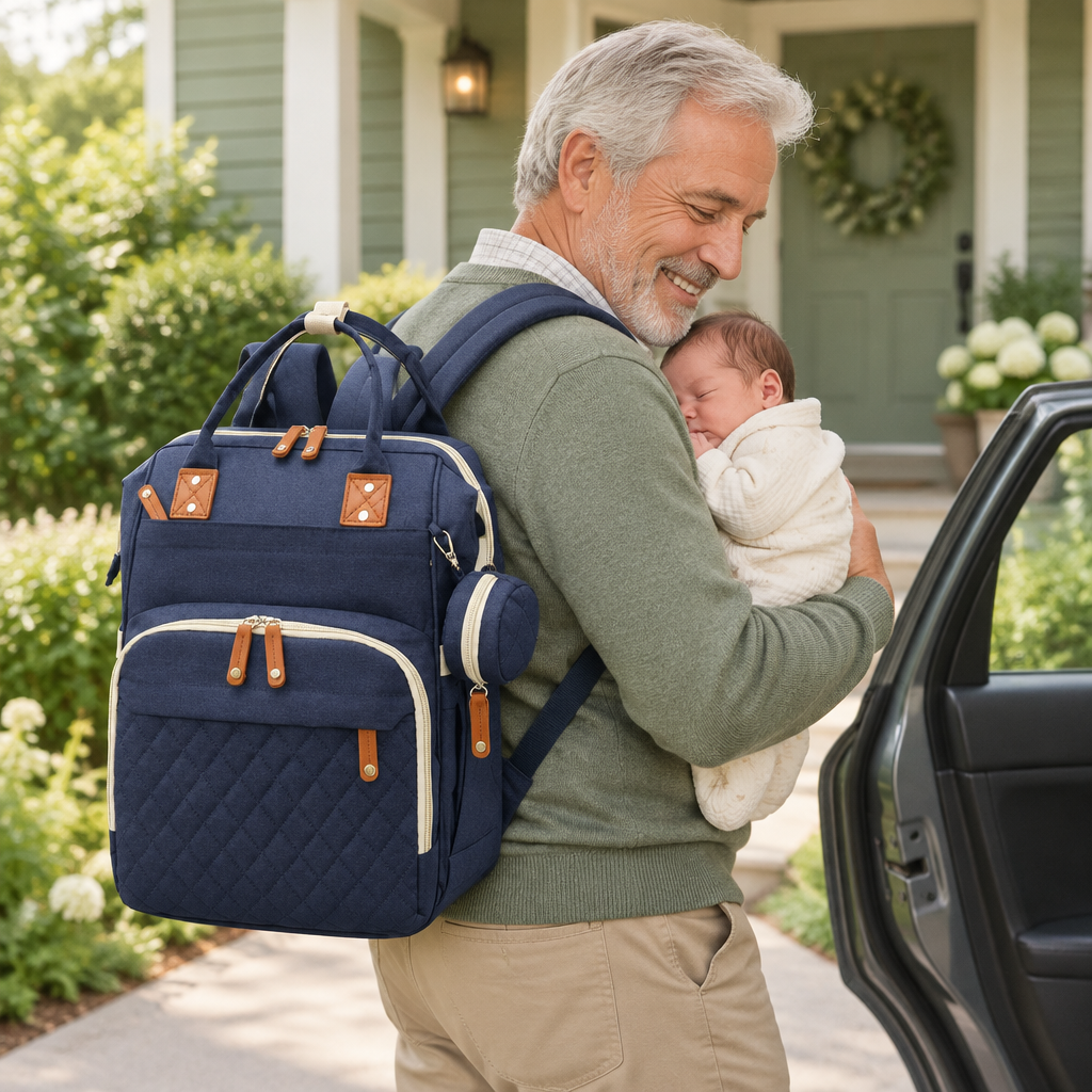 grand-papa avec bébé sortant de la voiture avec le sac à dos à langer marine sur l'épaule