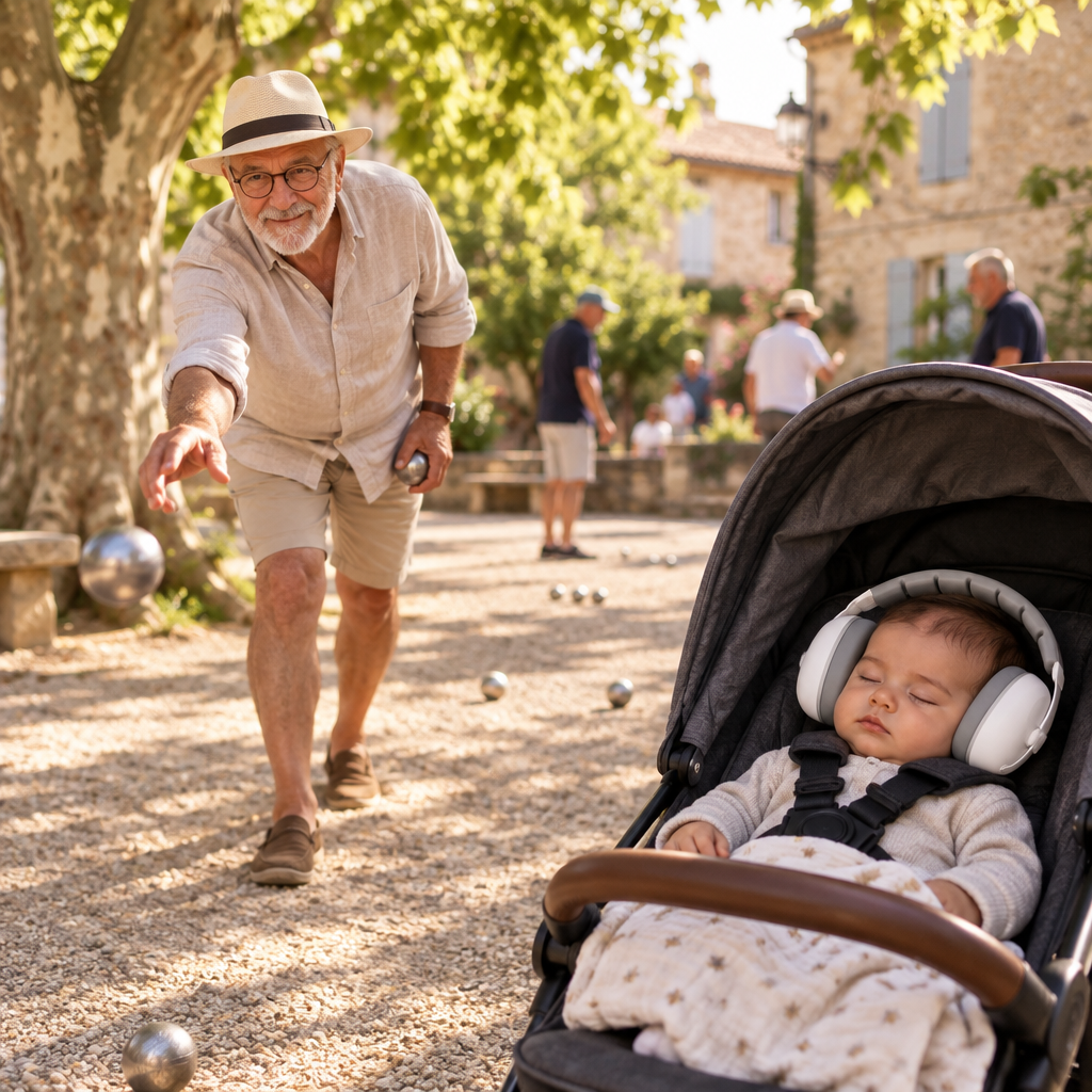 grand-papap joue a la pétanque pendant que bébé dort dans la poussette avec son casque anti bruit bebe
