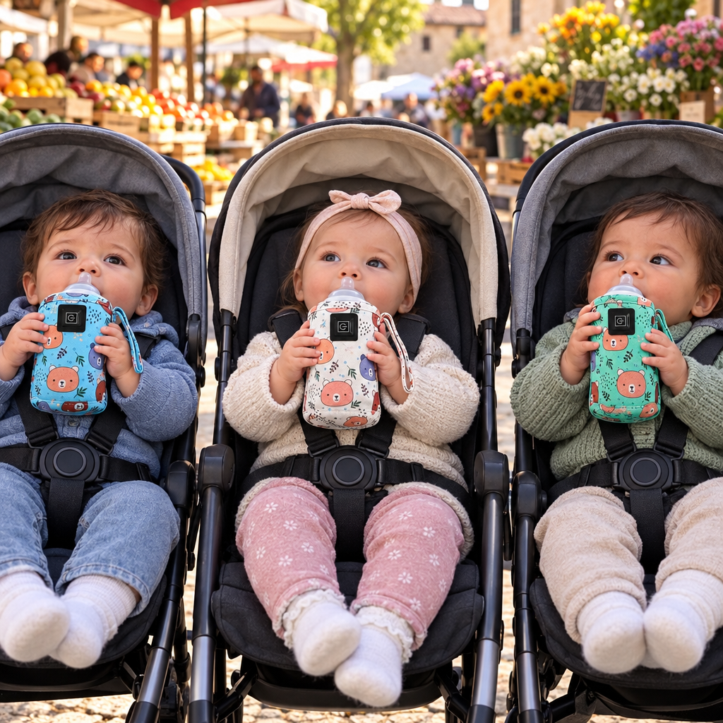 les triplets boivent leurs laits en poussette avec les chauffes biberons au marché