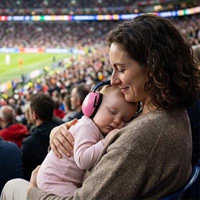 Malgré le bruit, bébé dos avec son Casque anti bruit bebe rose dans les bras de maman