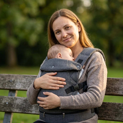 Maman au parc avec bébé Porte bebe physiologique