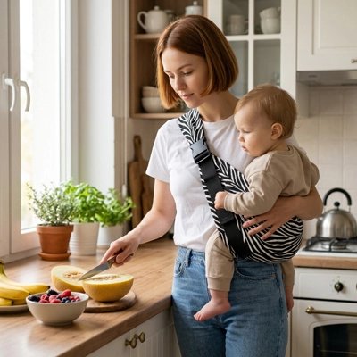 maman coupe les fruits pendant que bébé l'observe dans son porte bebe hanche