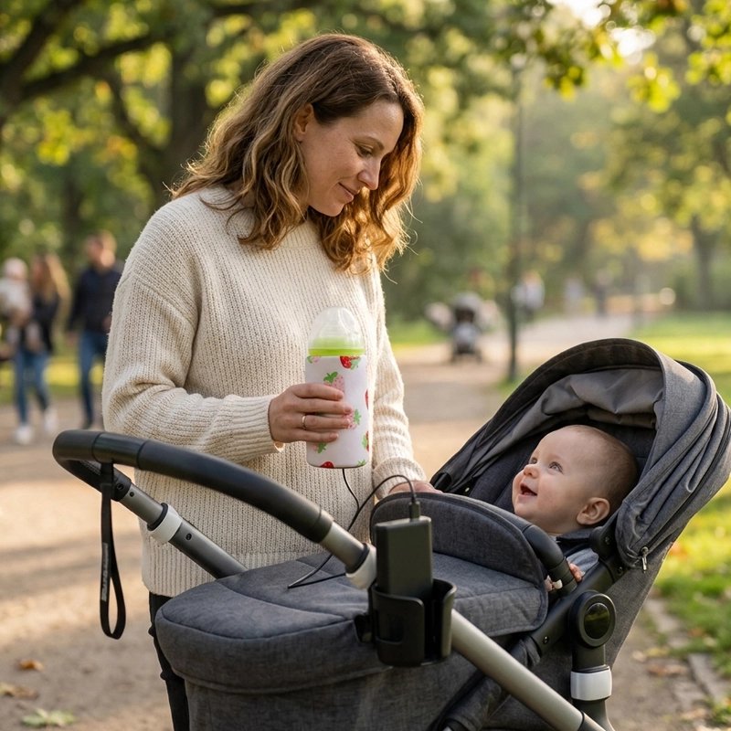 Maman donne a bebe dans la poussette le Chauffe biberon nomade fraise