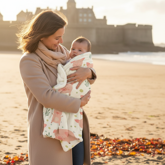 Maman et bébé dans la couverture bébé cochon à Saint-Malo