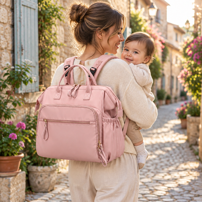 Maman et bébé en promenade avec le sac à langer rose