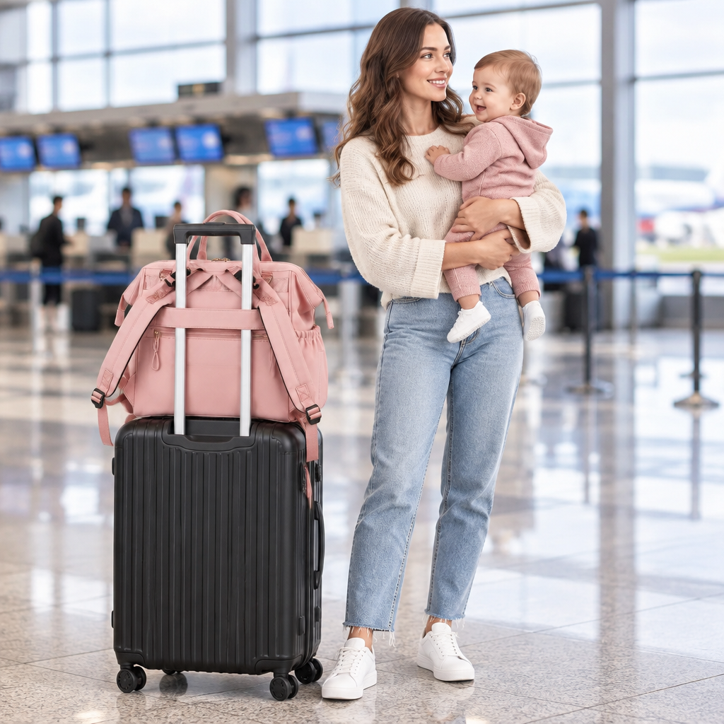 maman et bébé à l'aéroport avec la sac à dos à langer accroché sur la valise