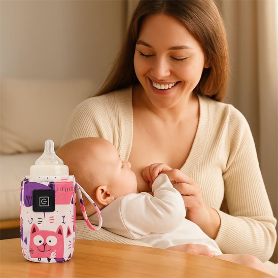 Maman et bebe à la table avec le Chauffe biberon portable​