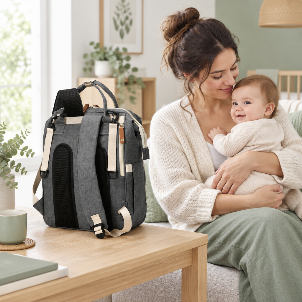maman et bébé assis à côté du sac à dos à langer gris foncé vue arrière